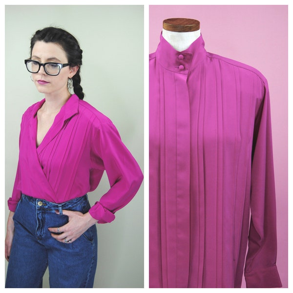 1970s 1980s Fuschia Yves St. Clair Hot Pink Blouse- M to L