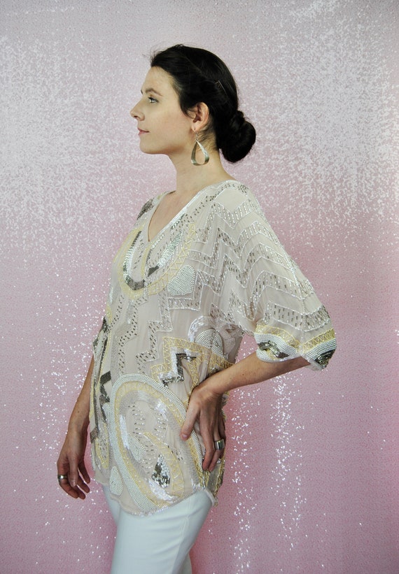 1980s Lillie Rubin Beaded Silk Shirt- Sm