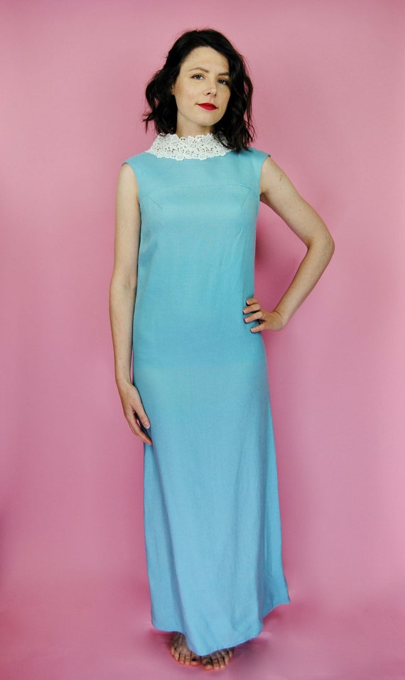 1960s Bright Blue Linen Formal Maxi Dress with Lac