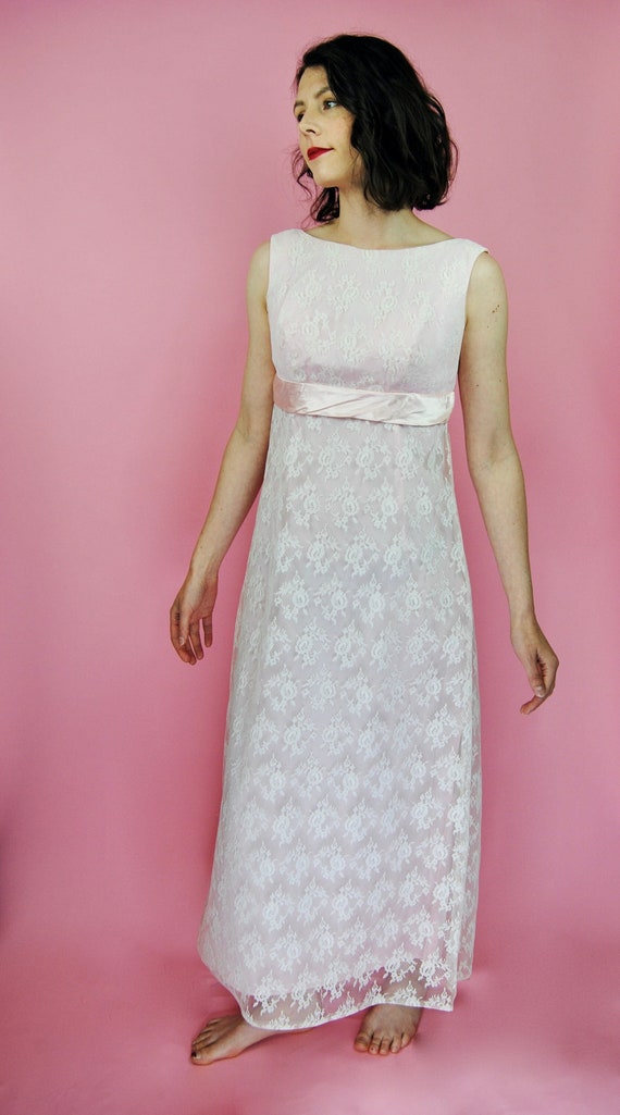 1960s Pale Pink Lace Gown with Satin Sash and Uniq