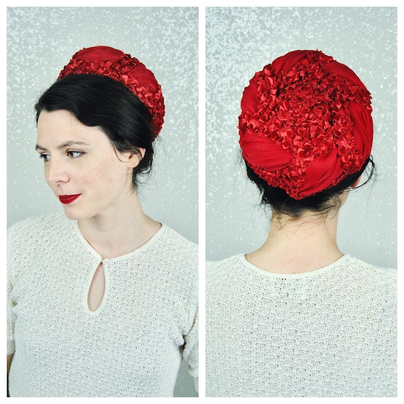 1950s Vintage Red Marche Straw and Organza Hat