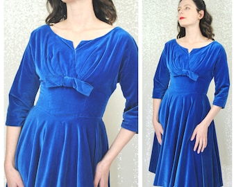 1950s Vintage Royal Blue Velvet Party Dress- Sm