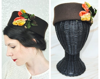 1960s Vintage Brown Wool Pillbox Hat with Fall Leaves