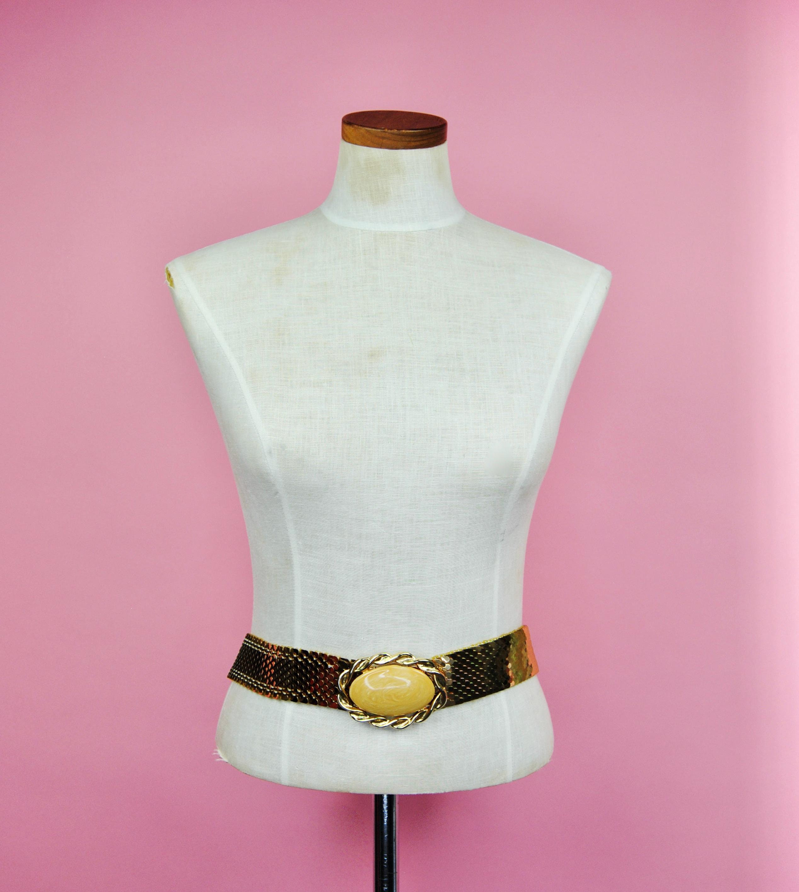 ✨ Vintage Nan Lewis Gold Medallion Stretch Belt | Statement 80s Glam ✨ 1980s Vintage Nan Lewis Gold Tone Metal Stretchy Belt - Md  main image 2