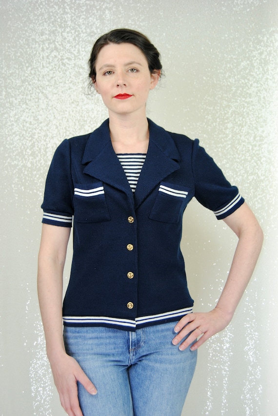 1960s Butte Knit Nautical Navy Blue Short Sleeve S