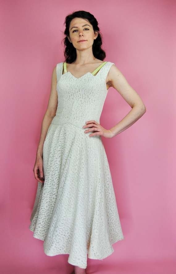pale green cocktail dress 1950s Vintage Young Modes Pale Creamy Green Drop Waist Lace Cocktail Party  Dress and Bolero Set - XS to Sm