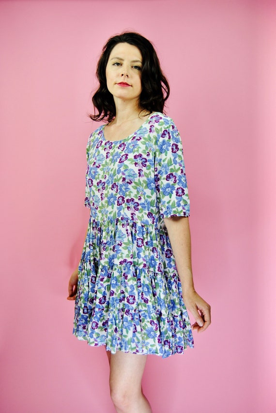 1990s Y2K Rona Purple Floral Babydoll Dress - SM t