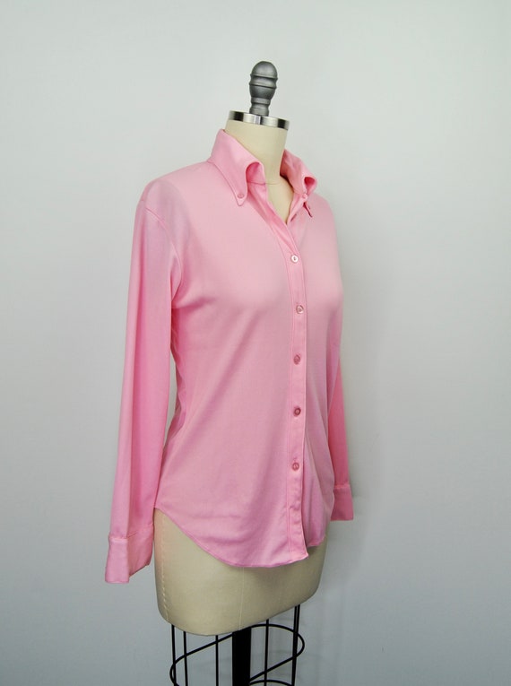 1960s 1970s Pastel Pink Poly Button Down Blouse- … - image 7