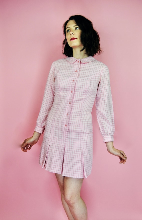 1960s Vintage Light Pink Plaid Mini Pleated Dress 