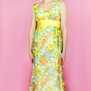 Vintage 1960s Yellow Flower Chiffon Empire Waist Regency Maxi Dress - XS to S