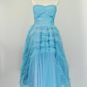 1950s Vintage Blue Tulle Strapless Cupcake Formal or Cocktail Prom Dress - Md