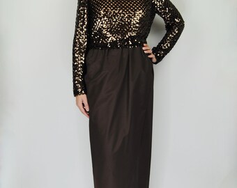 1970s Vintage Lilli Diamond Dark Brown Sequined Bodice Formal Evening Gown or Dress - Md