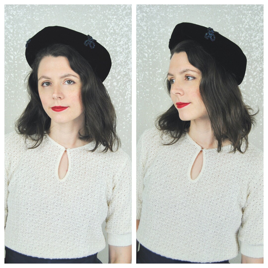 1960s Vintage Black Velvet Beret Like Hat With Blue Beadwork Etsy