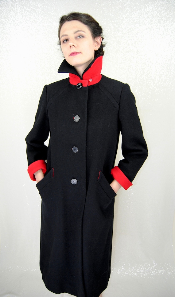 1980s Pauline Trigere Black Coat w/ Red Trim - Sm 