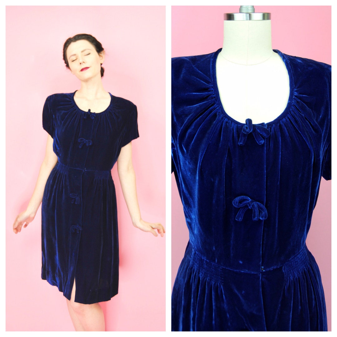 1940s Ellen Kaye Blue Velvet Cocktail Dress Sm Etsy