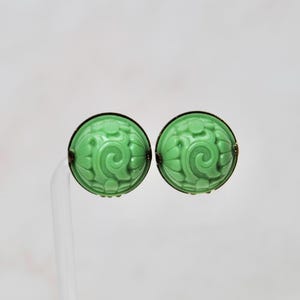 Vintage Mint Green Austrian Celluloid or Plastic Engraved Clip-On No Pierce Earrings