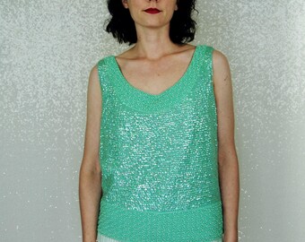 1960s Vintage Cardell Light Turquoise Blue Sequined and Beaded Party Top - Lg