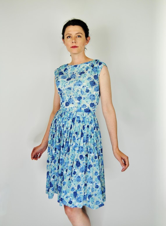 1960s Patty Petite Semi Sheer Blue Floral Sun Summer Dress - Sm