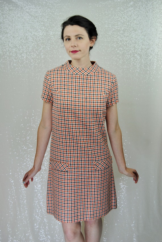 Vintage 1960s Fritzi Orange & Grey Houndstooth Pl… - image 1