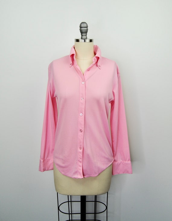 1960s 1970s Pastel Pink Poly Button Down Blouse- … - image 8