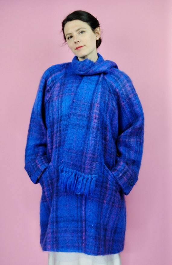 1980s Donegal Design Fuzzy Blue Plaid Mohair Winte