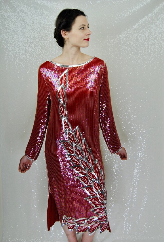 1970s / 1980s Red and Silver Sequined Dress - Sm