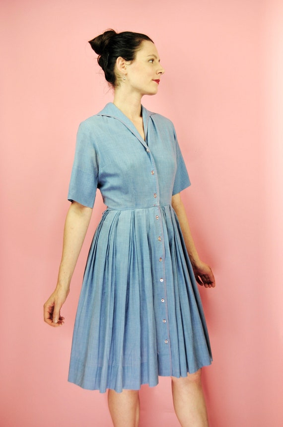 1950s Light Blue Front Button Shirtwaist Dress - S