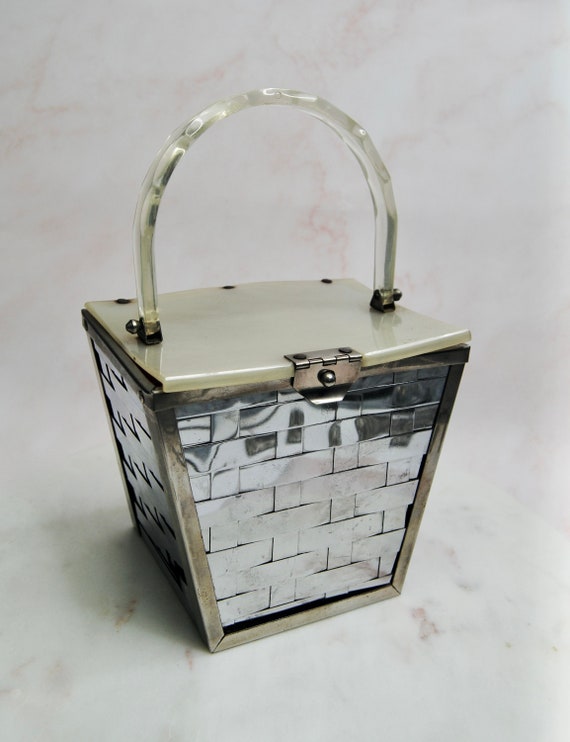 1950s Vintage Lucite and Metal Basket Weave Box Pu