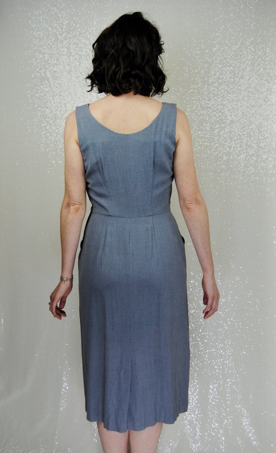 1950s Grey- Blue Dress with Rhinestones and Pocke… - image 3
