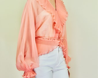 1970s Vintage Sheer Coral Pink Peach Sleeve Top Blouse with Ruffles & Bishop Balloon Sleeves - Md