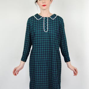 1960s Vintage Green and Blue Plaid Collard Casual Day Dress - Lg