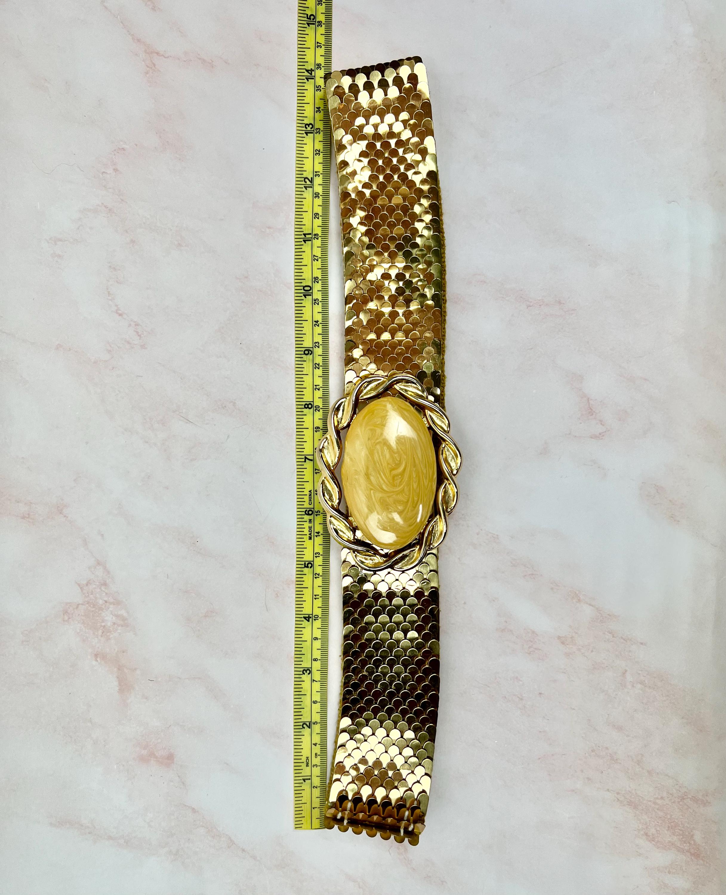 ✨ Vintage Nan Lewis Gold Medallion Stretch Belt | Statement 80s Glam ✨ 1980s Vintage Nan Lewis Gold Tone Metal Stretchy Belt - Md  main image 3