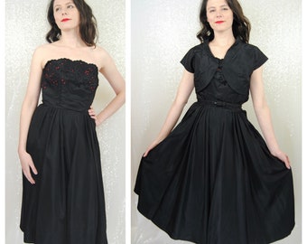 1950s Vintage Black & Red "Minx Modes" Dress and Bolero - XS