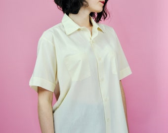 1960s "Hall fo Fame" Buttery Cream Short Sleeve Button Down - Mens Md toLg