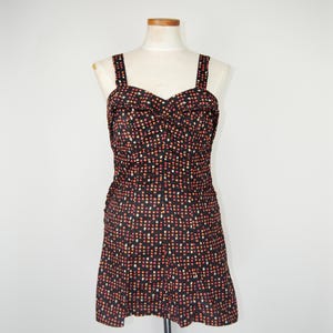 1950s Vintage Catalina Black Red and Orange Patterned Cotton Swimsuit or Play Suit- Md to Lg