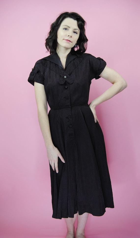 1950s Black and Pink Hostess Dress with Pockets Sm Gem
