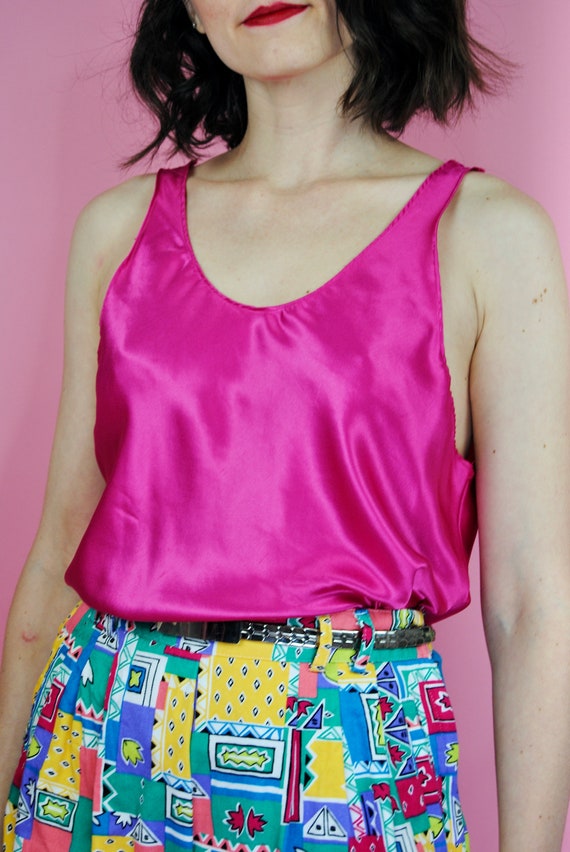 1980s 1990s Vintage Fuchsia Pink Satin Tank Top - 