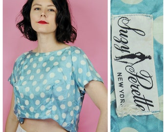 1950s Designer "Suzy Perette" Light Blue Polkadot Crop Top Wounded- Md to Lg