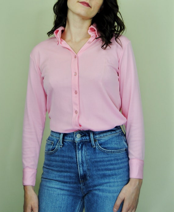 1960s 1970s Pastel Pink Poly Button Down Blouse- … - image 2