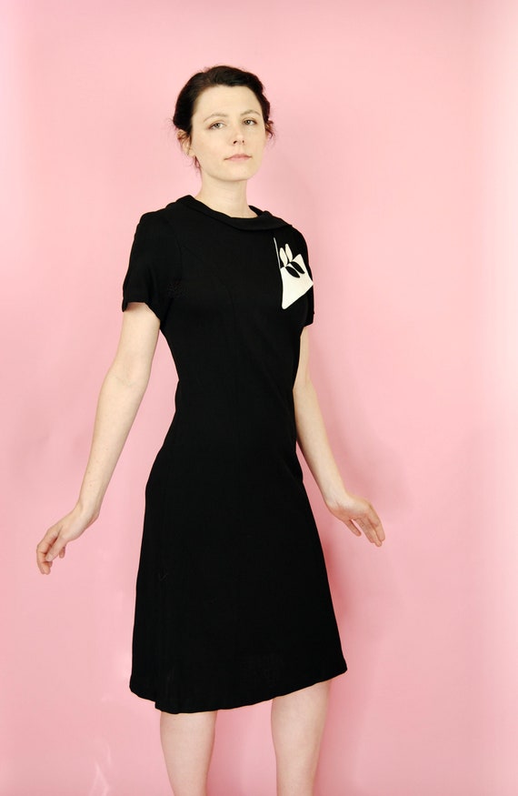 1960s Mod Black Dress with Funky Collar - Sm