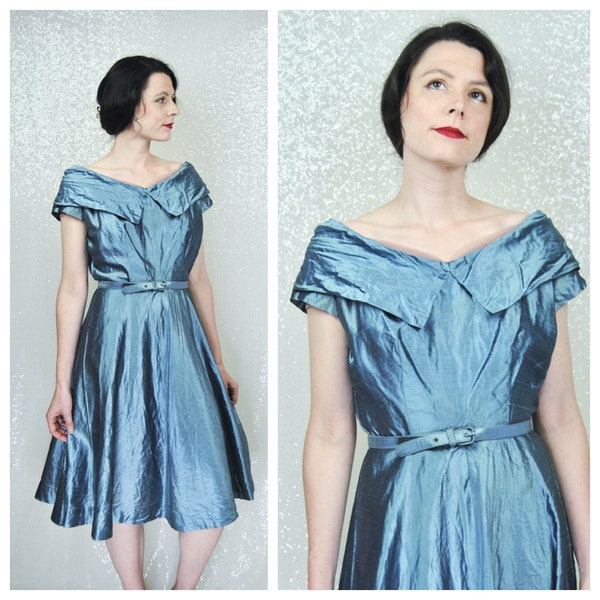 1950s Vintage Massar Original Icy Blue shiny Silk Cocktail Dress - Md