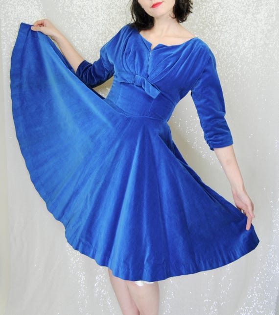 1950s Vintage Bright Blue Velveteen Fit and Flare Cocktail Party Dress- Sm  - Etsy