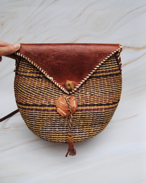 Vintage 1990s y2k Sisal Woven Market Crossbody Ba… - image 1