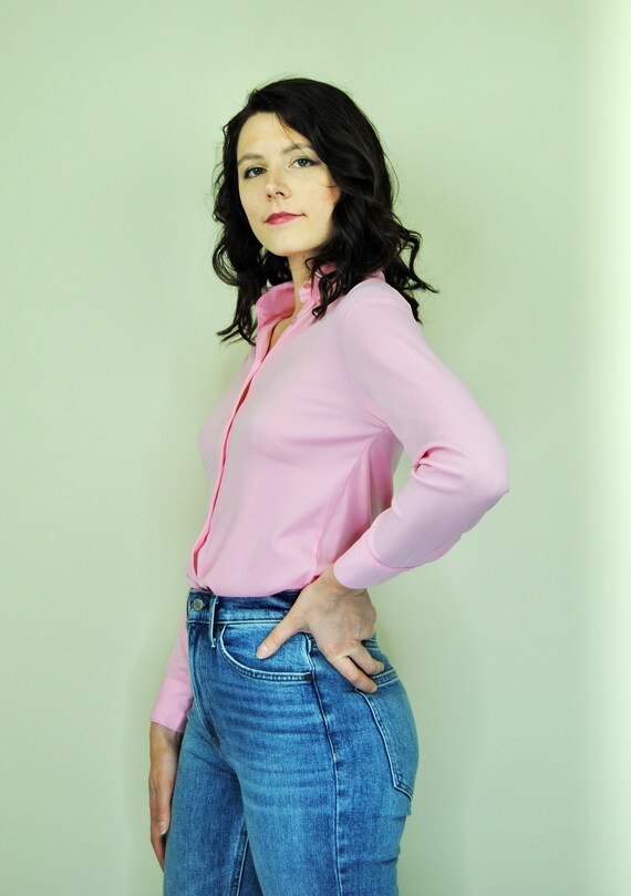 1960s 1970s Pastel Pink Poly Button Down Blouse- … - image 3