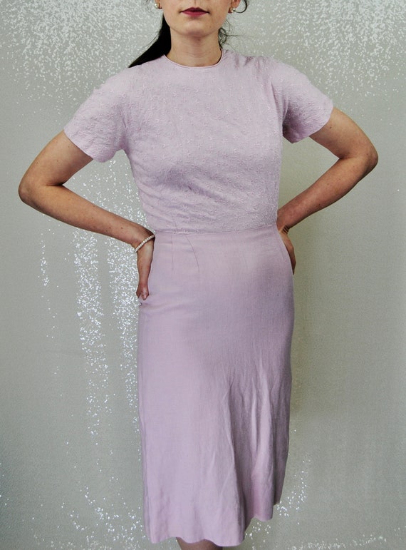 1940s Pastel Lavender- Pink Linen Day Dress - XS t