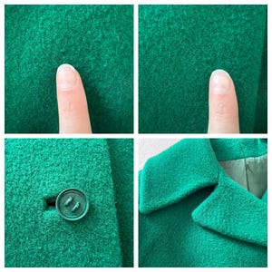 Pu&ograve; includere: Primo piano di un cappotto di lana verde con un bottone e un colletto. Il cappotto &egrave; realizzato in un tessuto morbido e testurizzato.
