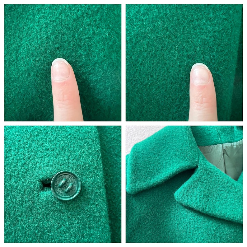 Pu&ograve; includere: Primo piano di un cappotto di lana verde con un bottone e un colletto. Il cappotto &egrave; realizzato in un tessuto morbido e testurizzato.
