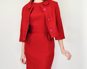 1960s Vintage Winter Red Wool Peter Pan Collar Jacket & Dress with Pockets Suit Set- Sm