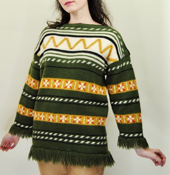 1960s 1970s Norwegian Wool Sweater with Fringe - … - image 1