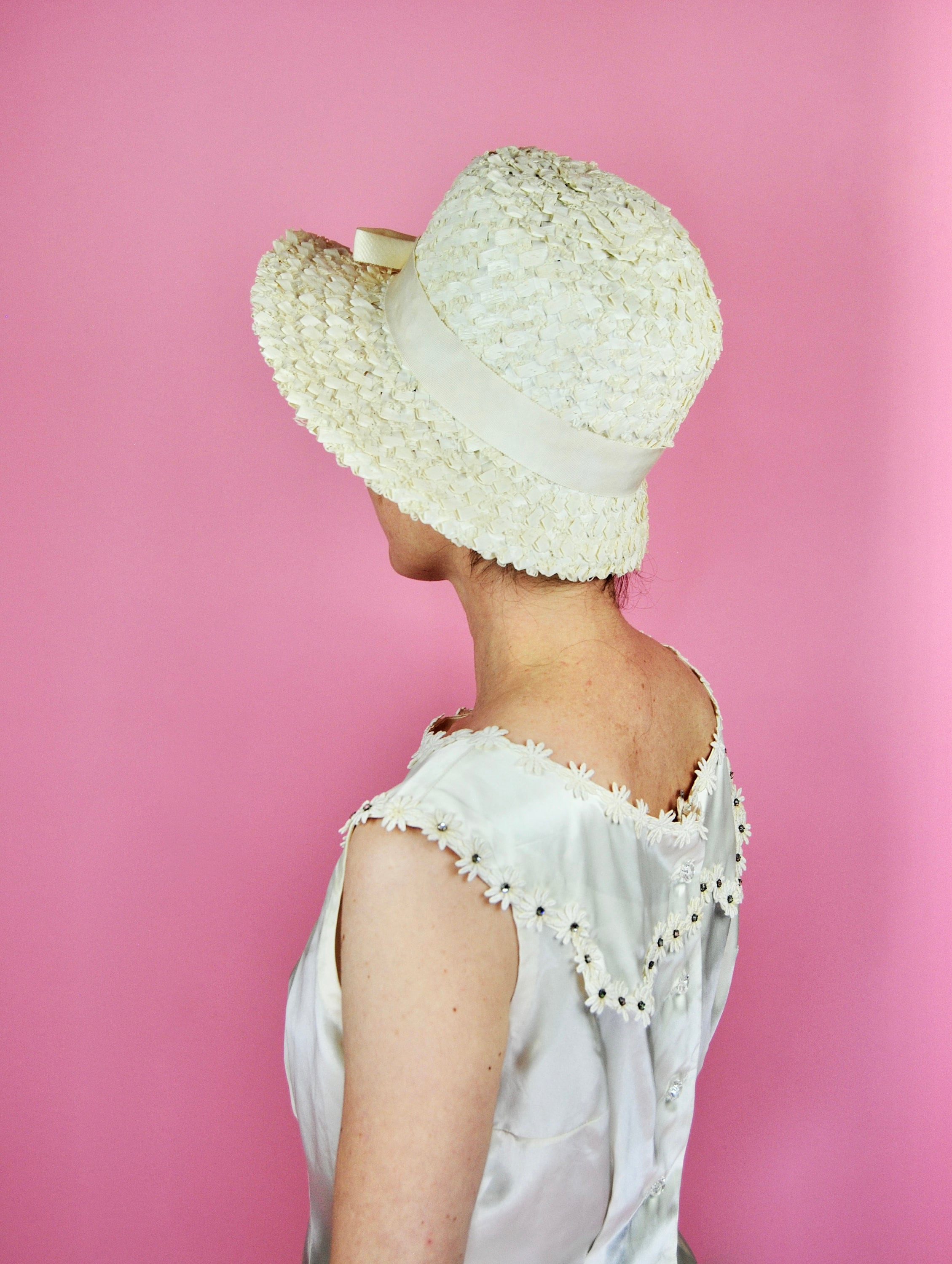 1960s Vintage Cream Off-white Straw Hat With Ribbon - Etsy display picture 3